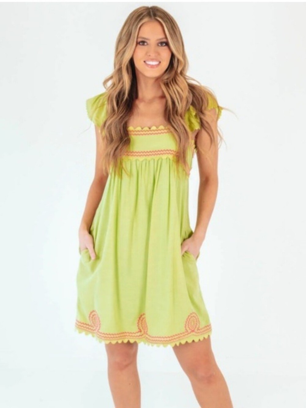 J.Marie Lime Green Summer Dress with Pink Trim
